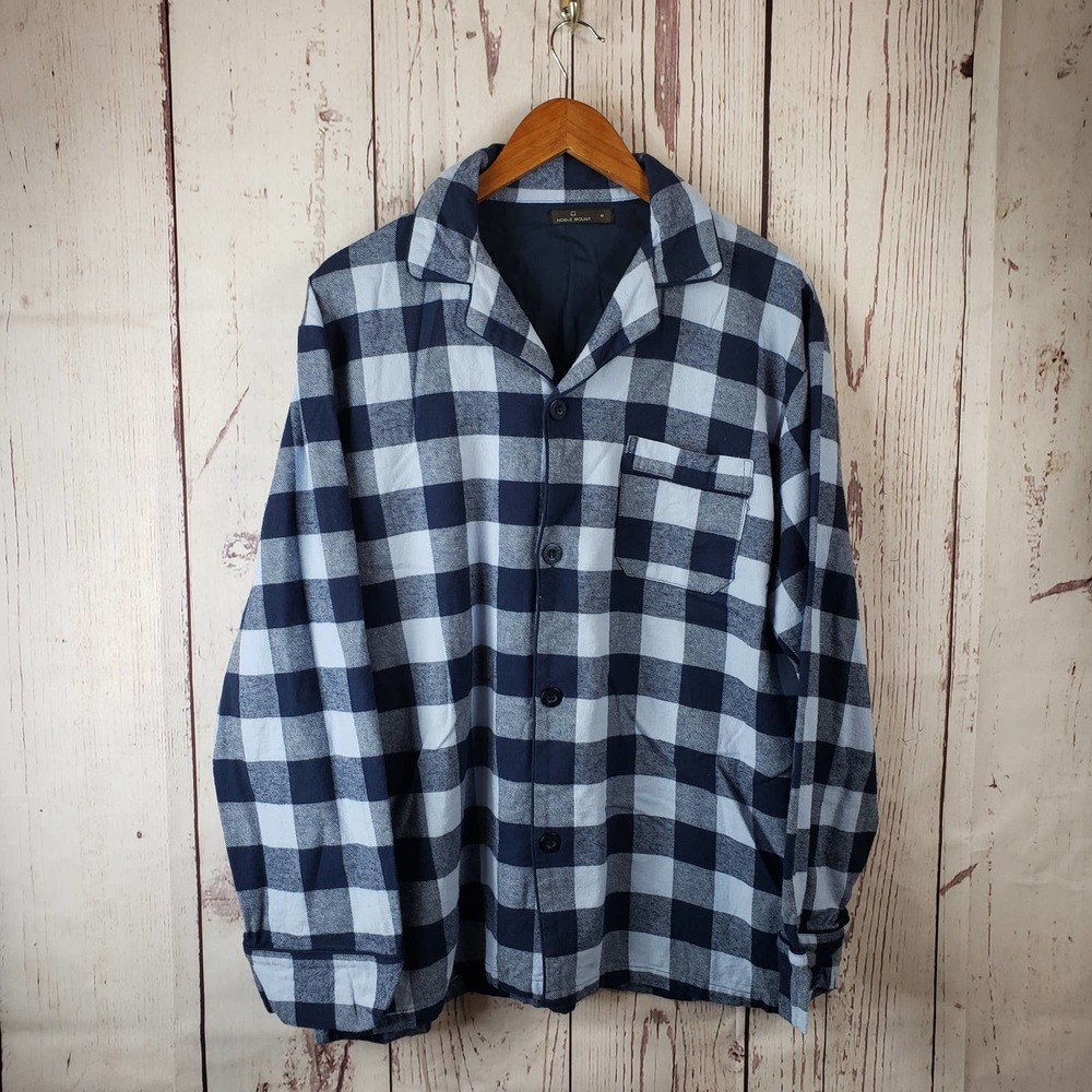 Noble Mount Mens Pajama Shirt Size Medium Checkered Button Front Blue